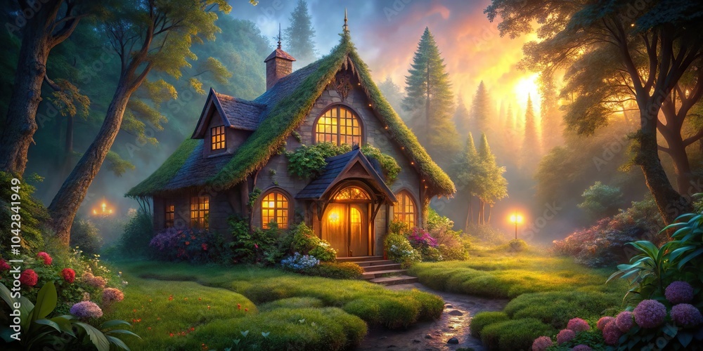 Fototapeta premium Enchanting fairytale cottage with illuminated windows in mystical landscape silhouette