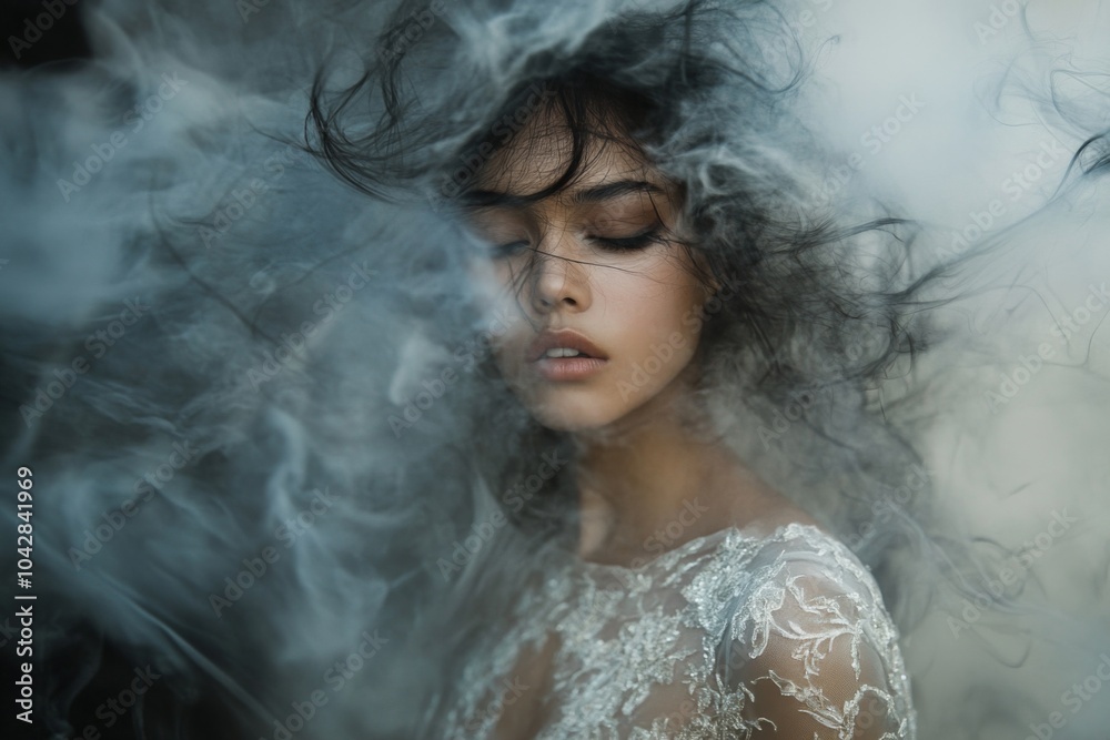portrait of woman in avant-garde dress, surrounded by swirling fog and ethereal shapes that resemble ghostly figures portrait of woman in avant-garde dress, surrounded by swirling fog and ethereal shapes that resemble ghostly figures