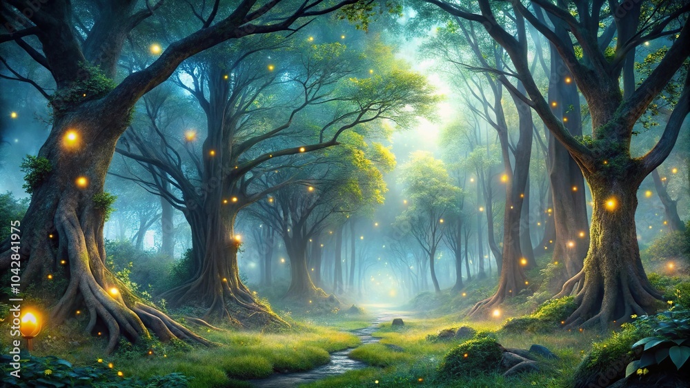 Enchanting forest at night with mystical fireflies and ancient trees illuminated by ethereal moonlight Enchanting forest at night with mystical fireflies and ancient trees illuminated by ethereal moonlight