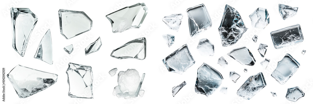 The set includes floating fragments of broken mirror or clear glass, Conceptual elements for design, isolated on a transparent background. The set includes floating fragments of broken mirror or clear glass, Conceptual elements for design, isolated on a transparent background.