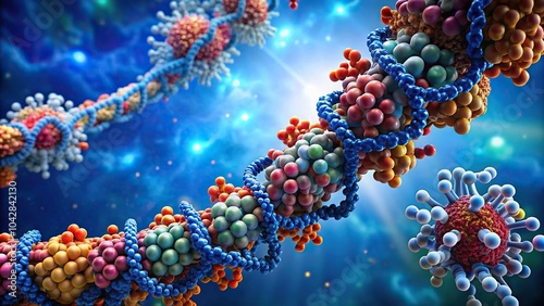 Forced perspective view of ribosomes aiding in polypeptide formation during protein synthesis photo