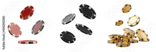 Set of a 3D casino chips flying, isolated on a transparent background.