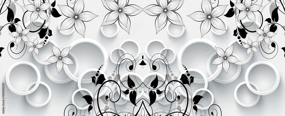 Abstract background with seamless black and white flowers on black branch , wallpaper design for home decoration.