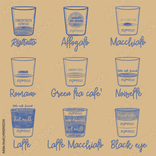 Different coffee in vintage style drawing with blue ink stamp on the craftboard.
