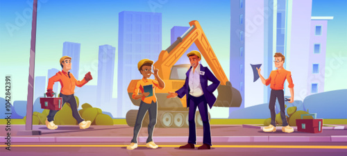 Construction workers in safety gear and architect discuss project in front of large excavator in modern city. Cartoon vector diverse employees hold clipboard and blueprints, carry tools ready for work