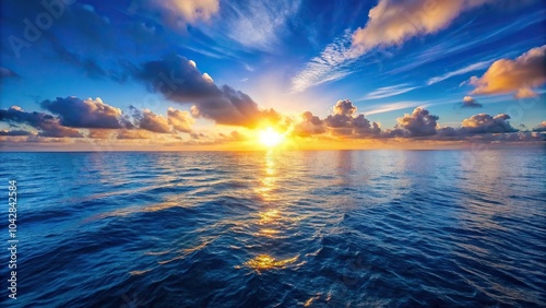Endless horizon of the vast blue ocean during sunrise