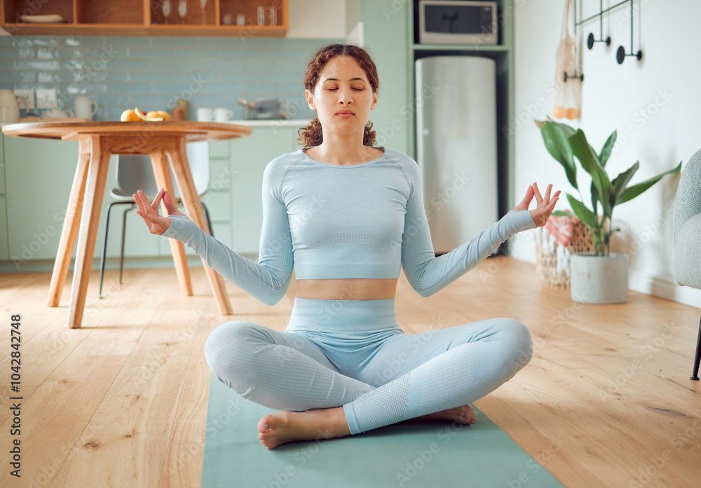 Yoga, meditation and woman in home for wellness, healthy body and mindfulness on floor. Pilates, apartment and person in lotus pose for calm exercise, balance and spiritual awareness in morning Yoga, meditation and woman in home for wellness, healthy body and mindfulness on floor. Pilates, apartment and person in lotus pose for calm exercise, balance and spiritual awareness in morning