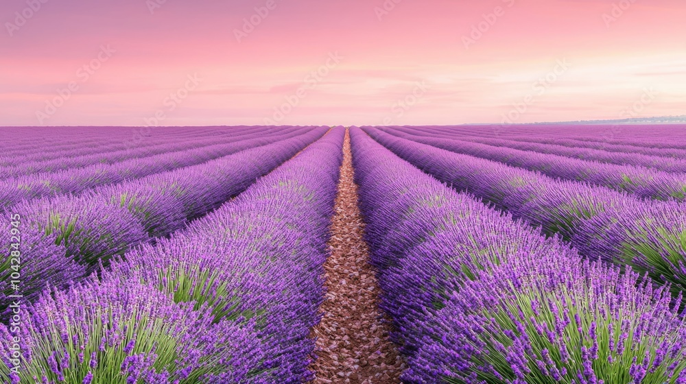 Obraz premium A serene lavender field stretches under a pastel sky, showcasing rows of vibrant purple flowers, perfect for relaxation and nature lovers.