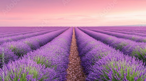 A serene lavender field stretches under a pastel sky, showcasing rows of vibrant purple flowers, perfect for relaxation and nature lovers.