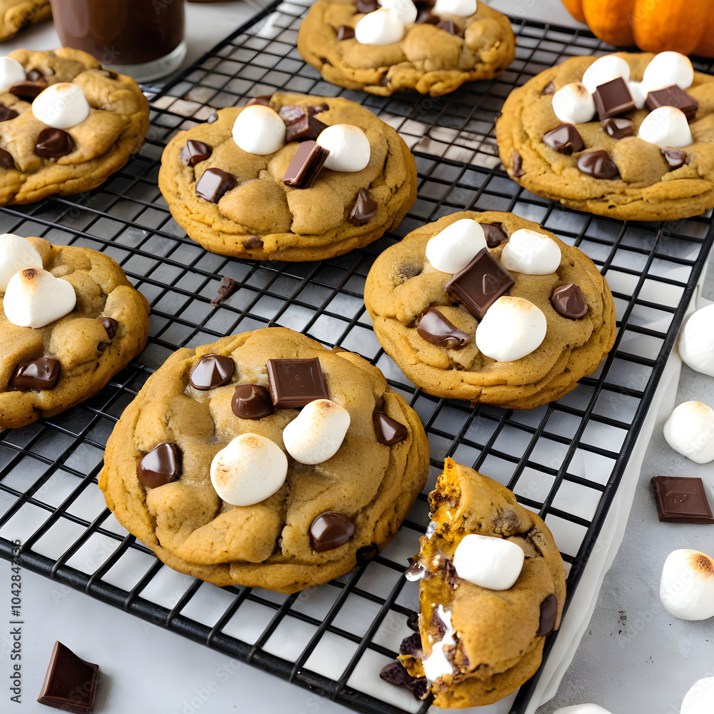 chip cookies on a plate, gooey melted marshmallow bits and melty chocolate chips, with a golden-brown pumpkin cookie, gray basket, cookies for tea chip cookies on a plate, gooey melted marshmallow bits and melty chocolate chips, with a golden-brown pumpkin cookie, gray basket, cookies for tea