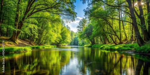Forest landscape with river and lake surrounded by trees