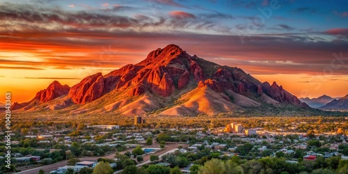 Late evening sun glowing red on Camelback Mountain in Phoenix Scottsdale Arizona USA