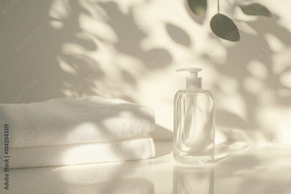 Naklejka premium Minimalist white soap dispenser in soft shadow light
