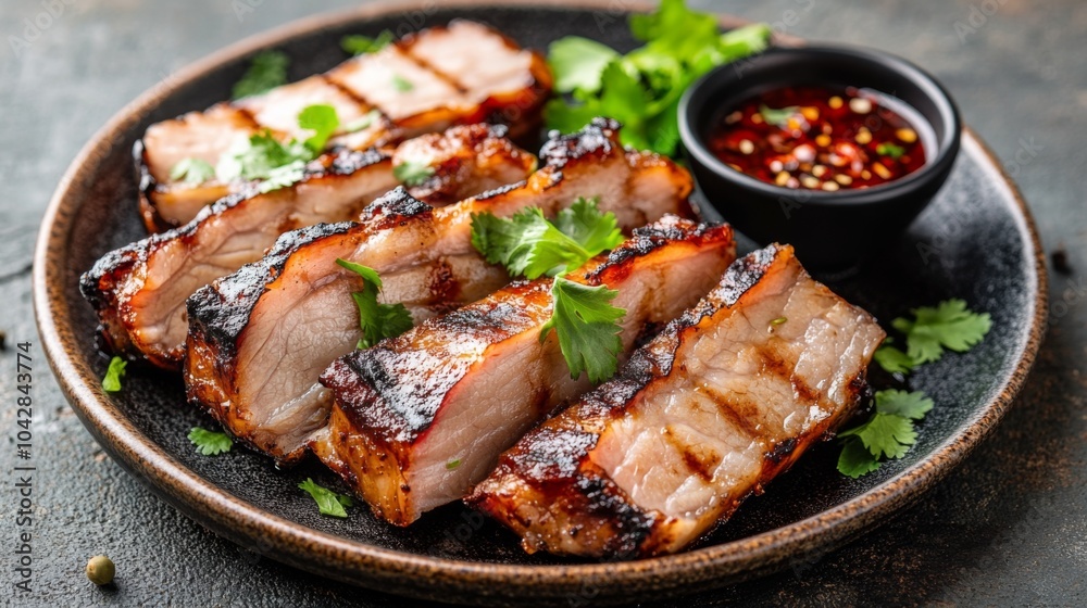Grilled Pork Slices with Spicy Sauce and Herbs Grilled Pork Slices with Spicy Sauce and Herbs