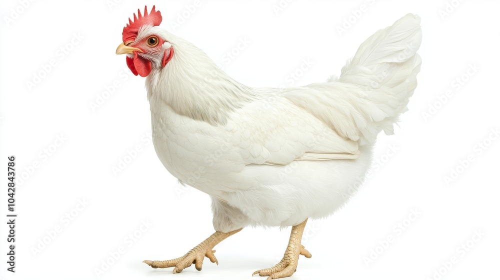 Fototapeta premium White hen with red comb and wattle walking isolated on white background.