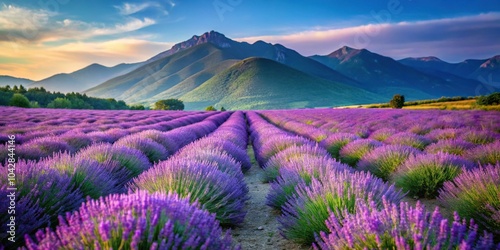 Lavender fields with mountain landscape background