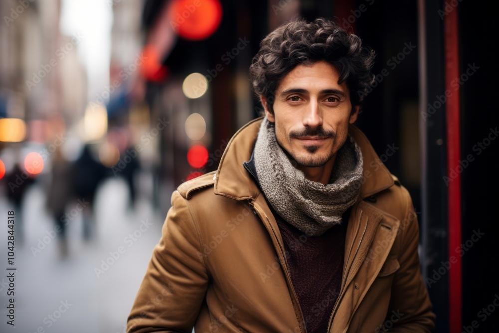 Portrait of handsome young man wearing coat and scarf in the city. Portrait of handsome young man wearing coat and scarf in the city.