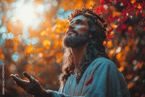 A Man with a Crown of Thorns Looks Upward in a Forest