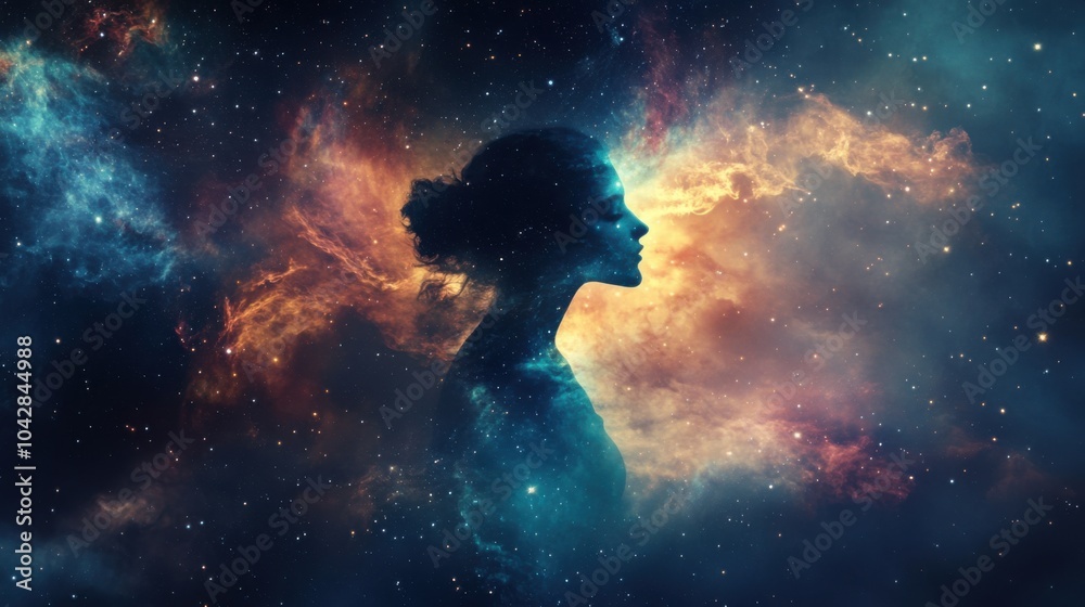 Silhouette of a woman against a colorful cosmic background of space. Concept of imagination, dreams, and the universe Silhouette of a woman against a colorful cosmic background of space. Concept of imagination, dreams, and the universe