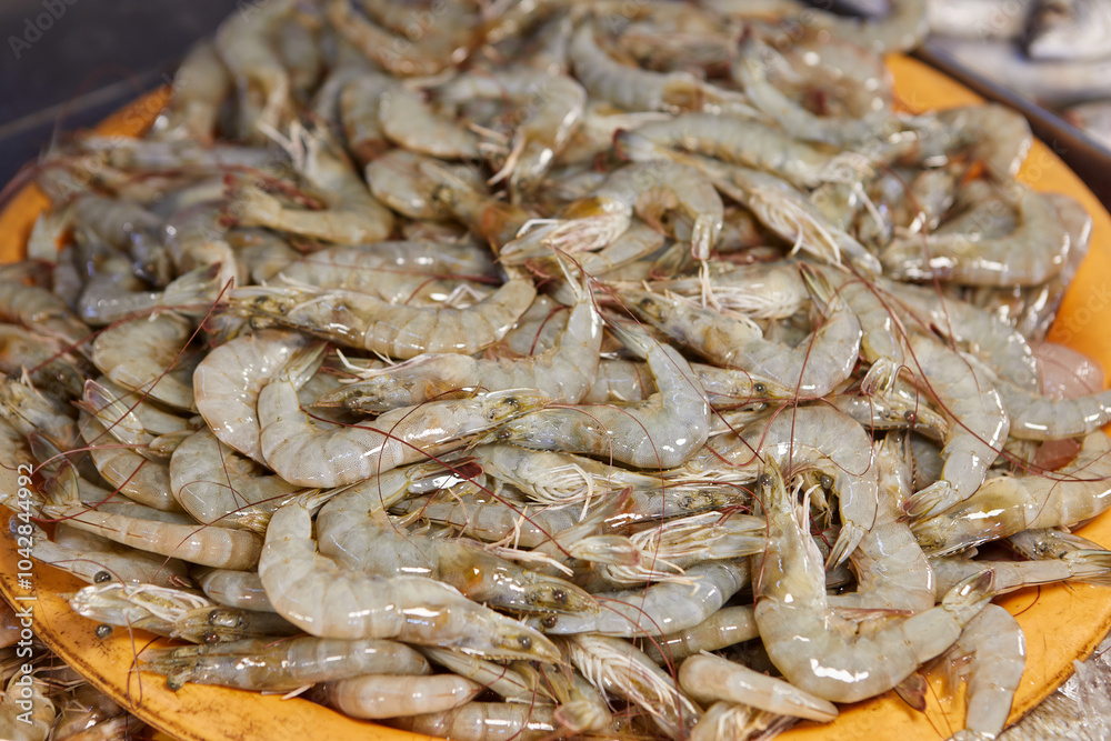 Close-up view of fresh shrimp on plate Close-up view of fresh shrimp on plate
