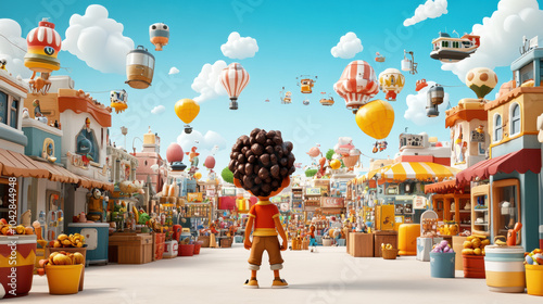 vibrant alien marketplace filled with quirky characters and colorful hot air balloons