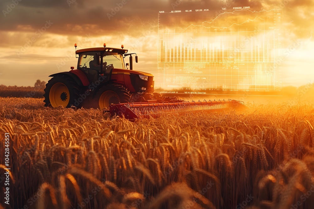Fototapeta premium Tractor Harvesting Wheat Field with Financial Overlays Symbolizing Agricultural Economics