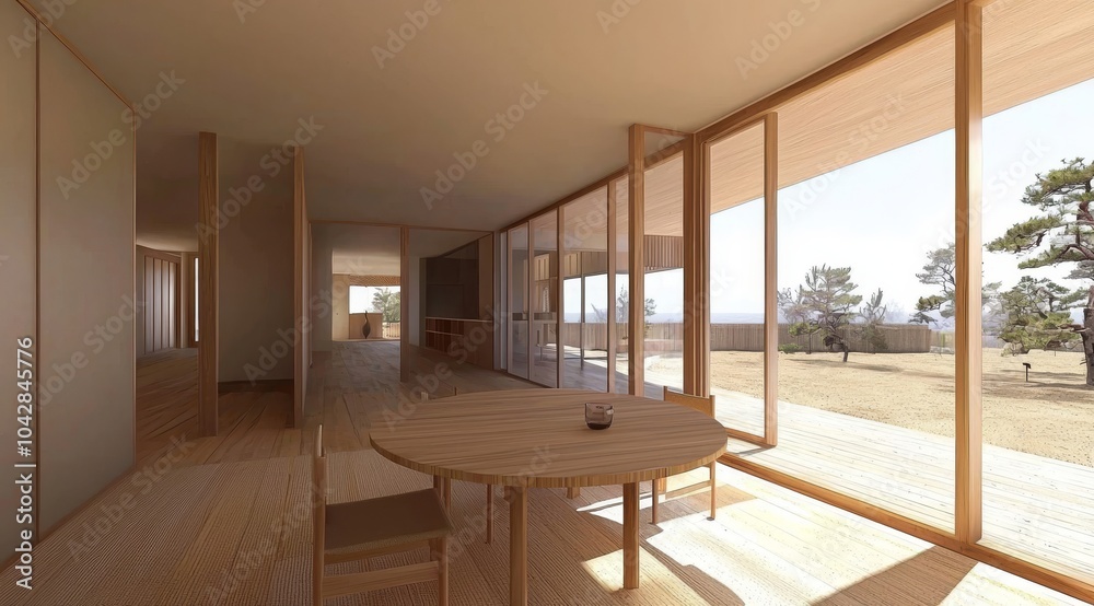 Fototapeta premium Minimalist Dining Room with Round Wooden Table, Organic Lighting, and Japandi-Style Aesthetic