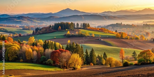 Layered Farmland Trees Mountains at sunset during Fall in Willamette Valley Oregon Panoramic Landscape Long Shot
