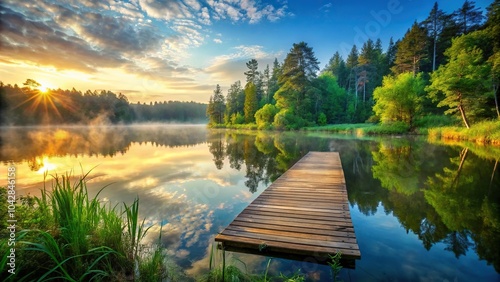 Close-up of tranquil forest lake at sunrise with wooden dock