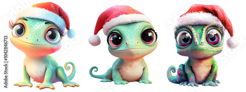 Wallpaper Mural Three Cute Christmas Lizards. Collection Set Illustration.on transparent, white background, isolate PNG Torontodigital.ca