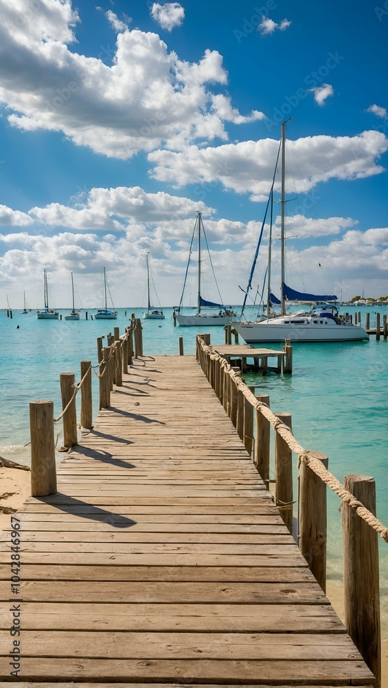 Fototapeta premium Scenic wooden pier leading to sailboats on turquoise water under a blue sky with fluffy clouds and copy space