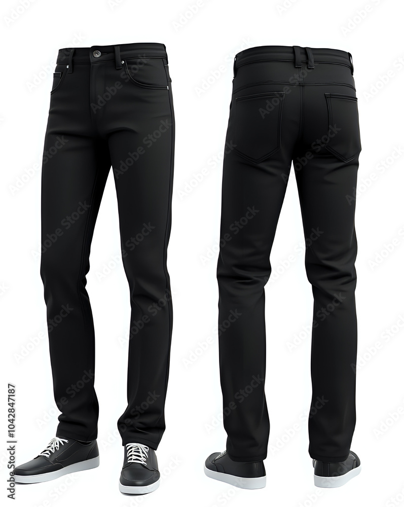 3D Rendered Mockup of Blank Black Men's Pants - Classic Loungewear Jeans Isolated from Multiple Perspectives 3D Rendered Mockup of Blank Black Men's Pants - Classic Loungewear Jeans Isolated from Multiple Perspectives