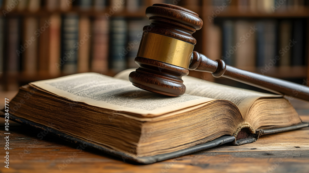 A Wooden Gavel Placed on Top of an Open Book in Front of Scales of Justice. The Image Symbolizes Law, Judgment, and Legal Authority, Representing Concepts of Justice, Courtroom Decisions, and the Lega A Wooden Gavel Placed on Top of an Open Book in Front of Scales of Justice. The Image Symbolizes Law, Judgment, and Legal Authority, Representing Concepts of Justice, Courtroom Decisions, and the Lega