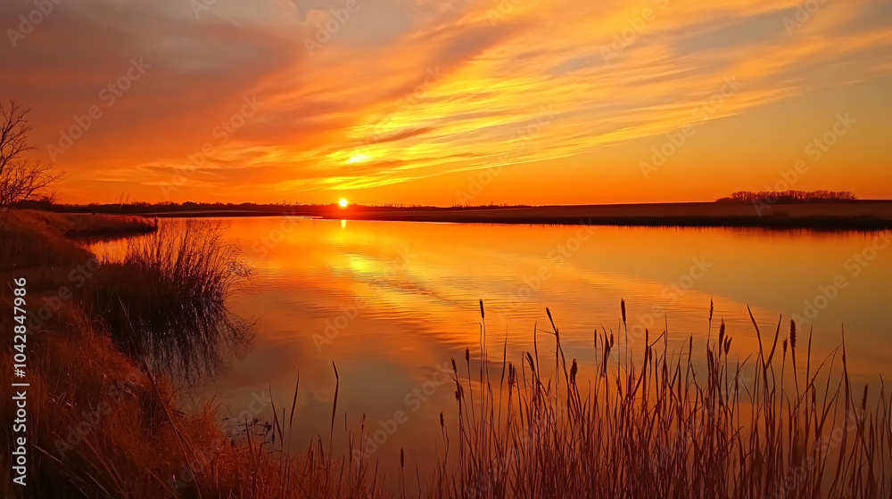 A breathtaking view of a calm lake reflecting the fiery colors of the sunset, surrounded by golden fields.