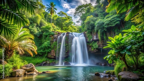 Close-up photo of a beautiful tropical waterfall in a lush landscape