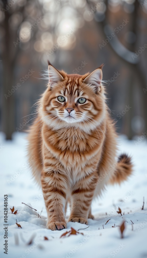 Fluffy ginger cat walking through the snow in a winter landscape with a serene atmosphere and copy space Fluffy ginger cat walking through the snow in a winter landscape with a serene atmosphere and copy space