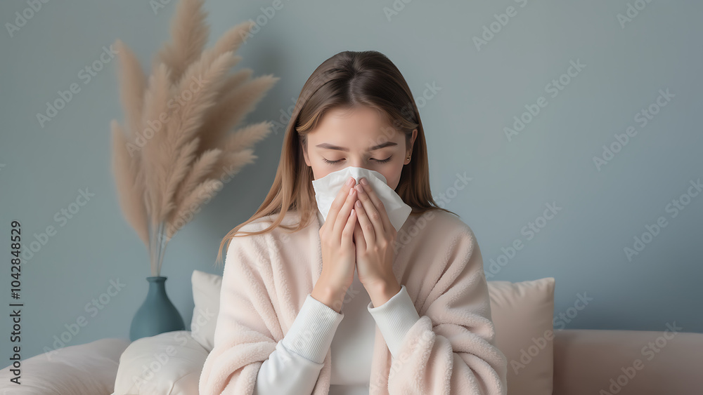 Woman with cold or allergy symptoms holding a tissue, sitting indoors on a couch. She appears to be sneezing or blowing her nose, wearing a soft. A vase with pampas grass is visible in the background Woman with cold or allergy symptoms holding a tissue, sitting indoors on a couch. She appears to be sneezing or blowing her nose, wearing a soft. A vase with pampas grass is visible in the background