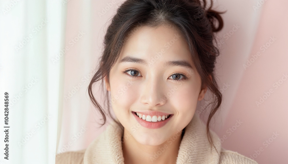 Beautiful young Asian woman with K beauty style makeup, wearing a modern, fashionable outfit, her skin looking flawless and glowing Beautiful young Asian woman with K beauty style makeup, wearing a modern, fashionable outfit, her skin looking flawless and glowing