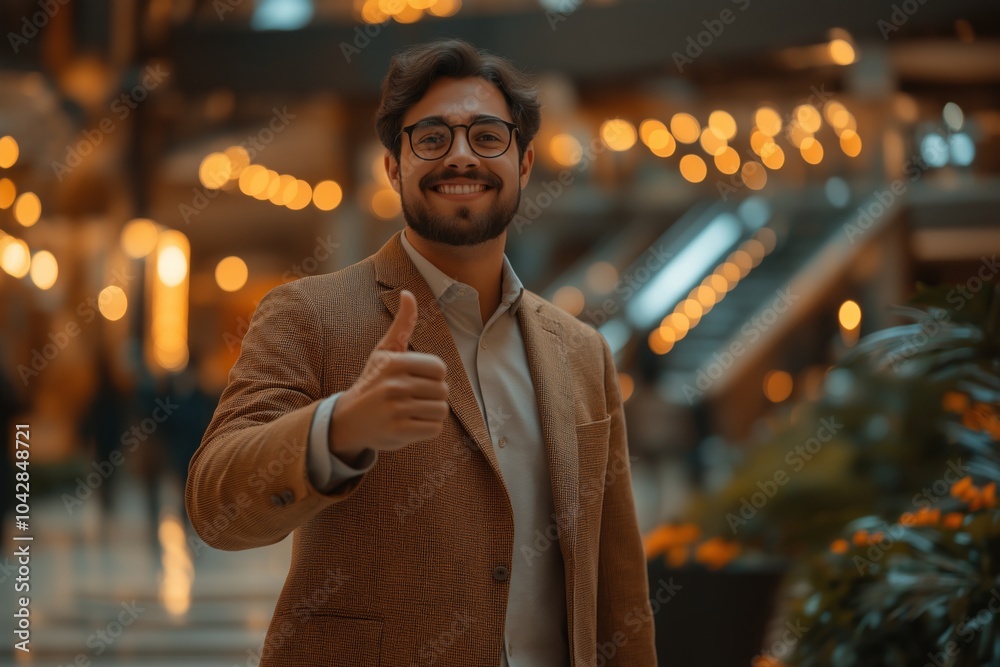 A man in glasses and a brown blazer gives a thumbs up, standing in a modern shopping mall