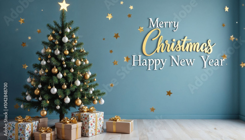 Christmas tree and christmas decorative with text Merry Christmas and Happy Newy Year photo