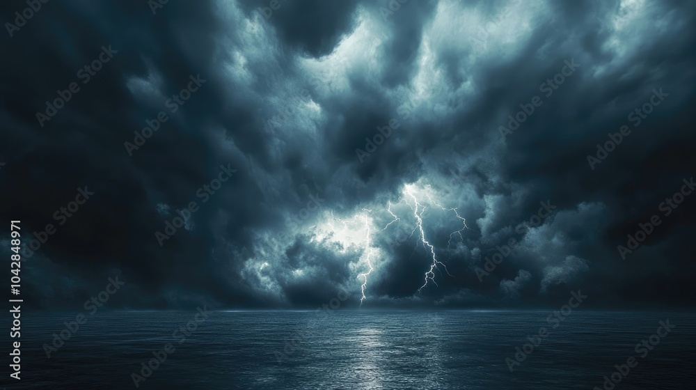 Dark storm clouds rolling in over a calm ocean, with bolts of lightning illuminating the sky in a dramatic and powerful scene Dark storm clouds rolling in over a calm ocean, with bolts of lightning illuminating the sky in a dramatic and powerful scene