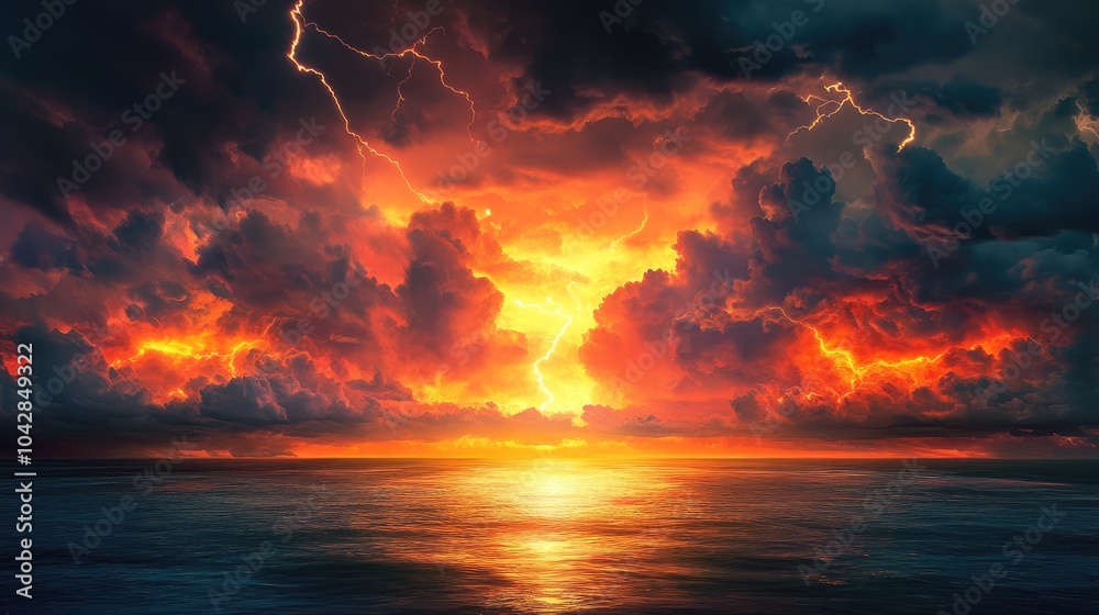 A calm ocean beneath a stormy sky filled with lightning, creating a dramatic and awe-inspiring scene of nature's power A calm ocean beneath a stormy sky filled with lightning, creating a dramatic and awe-inspiring scene of nature's power