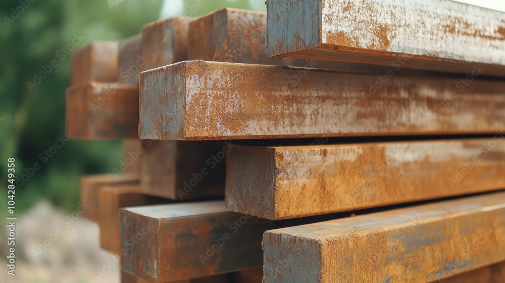Rusty steel beams stacked in outdoor setting Rusty steel beams stacked in outdoor setting