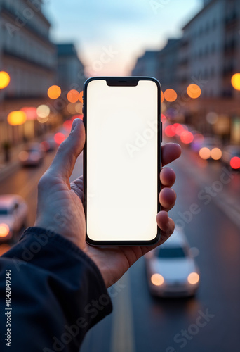 Hand showcasing a smartphone with a blank screen on the street