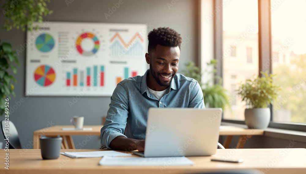 Male entrepreneur reviewing KPI dashboards with colorful data metrics on a laptop, sitting at a conference table in a bright office with contemporary decor Male entrepreneur reviewing KPI dashboards with colorful data metrics on a laptop, sitting at a conference table in a bright office with contemporary decor