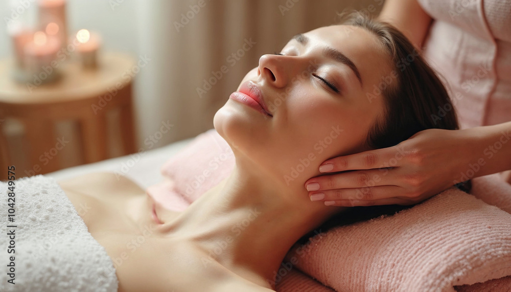 Portrait of a serene young Caucasian woman lying with closed eyes, indulging in a facial massage using rose water in an elegant spa salon. The background has soft, neutral tones with plush furnishings Portrait of a serene young Caucasian woman lying with closed eyes, indulging in a facial massage using rose water in an elegant spa salon. The background has soft, neutral tones with plush furnishings
