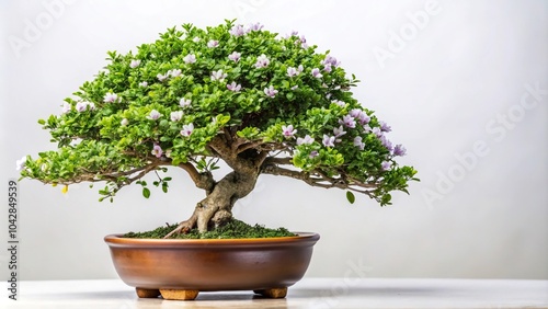 Leafy bonsai with small green leaves and small white and violet flowers on a white background