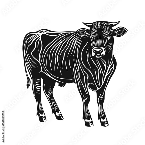 Detailed Illustration of a Cow in Black and White Style