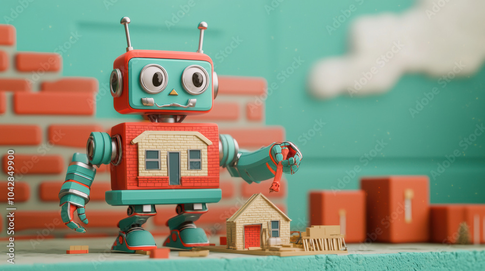 Fototapeta premium Building house, friendly robot, futuristic world, construction