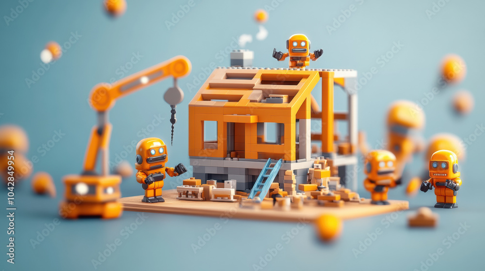 Building robots construct house in vibrant, futuristic world Building robots construct house in vibrant, futuristic world
